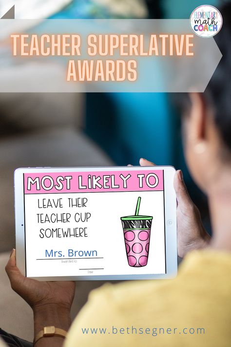 Celebrate the end of the year with your staff with teacher superlatives awards! A digital version is also included so you can edit and share directly on Google. #instructionalcoach #icoachteachers #principalsfollowprincipals #staffmoraleboost #elementarymathcoach End Of School Year Staff Party Ideas, Staff Involvement Ideas, End Of Year Staff Awards, End Of The Year Awards For Teachers And Staff, Fun Teacher Award Ideas, Teacher Superlatives Yearbook, Teacher Staff Development Activities Fun, Marigold Effect Teachers, Teacher Superlatives Funny