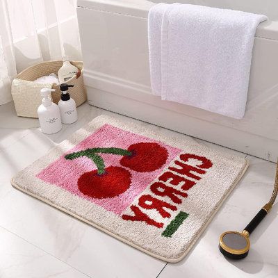 Cherry Bath Mat, Pink Bath Rugs, Cherry Shower Curtain, Cute Bathroom Decor Aesthetic, Pink Red Bathroom, Red And Pink Bathroom, Cherry Themed Bathroom, Cute Bathroom Rugs, Cute Bathroom Mats