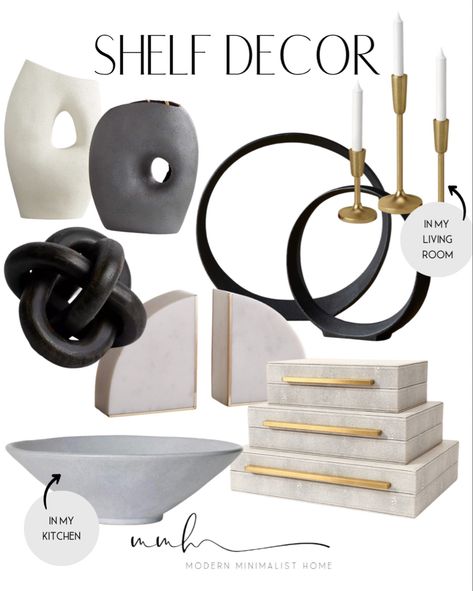 Black, white, gold and grey shelf decor I am loving! Decor, decorative boxes, decorative bowl, decorative pillows, decorative, books, decor books, decorative vase, decorative tray, Home, home decor, home decor on a budget, home decor living room, modern home, modern home decor, modern organic, Amazon, wayfair, wayfair sale, target, target home, target finds, affordable home decor, cheap home decor, sales Follow my shop @modern.minimalist.home on the @shop.LTK app to shop this post and get my e Living Room Table Accessories, Modern Ornaments Living Rooms, Black Grey And Gold Living Room Ideas, Unique Home Decor Accessories, Statement Decor Pieces, Grey Black White And Gold Living Room, Black And White Mantle Decor, White Tray Decor, Modern Shelf Styling
