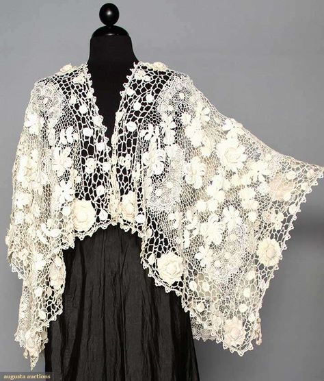 Irish Crochet Shaped Shawl, C. 1910, Augusta Auctions, April 9, 2014 - NYC, Lot 229 Crochet Lace Shawl Pattern, Lace Clothes, Lace Shawl Pattern, Augusta Auctions, Crochet Lace Shawl, Gilet Crochet, Irish Lace Crochet, Retro Mode, Lace Outfit