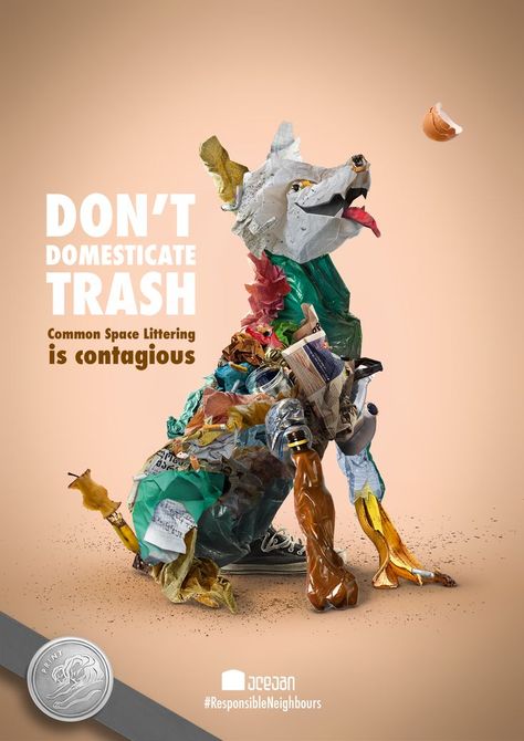 Domesticated Trash, Common space littering is contagious. Print ad , Cannes Young Lions . Pollution. Recycle Illustration Design, Trash Poster Design, Recycle Advertising, Creative Food Advertising, Trash Illustration, Trash Poster, Recycle Poster, Visual Advertising, Car Advertising Design