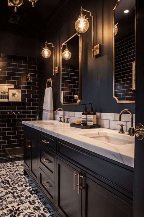 Bathroom Moody Decor, Dark And Moody Master Bath, Black Bathroom Remodel Ideas, Dark Art Deco Bathroom, Dark Industrial Bathroom, Vintage Goth Bathroom, Dark Basement Bathroom, Dark Gothic Bathroom, Moody Vintage Bathroom Ideas