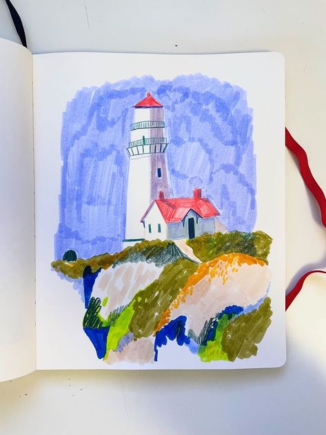 Lighthouse Illustration, Illustration Building, Tombow Pens, Marker Illustration, Illustration Landscape, Sketchbook Illustration, Illustration Sketchbook, Building Illustration, Sketchbook Art Journal