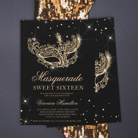 Masquerade mask black gold glitter Sweet 16 for $2.92 - Birthday Invitations Sweet 16 Masquerade Party, Mardi Gras Birthday, Glitter Sweet 16, Masquerade Invitations, Masquerade Mask Black, Masquerade Party Invitations, Sweet 16 Masquerade, Masquerade Ball Party, 16 Invitations