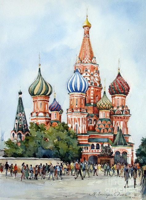 St. Basils Cathedral, Russia - watercolor Cathedral Painting, Moscow Art, St Basils Cathedral, Castle Painting, St Basil's, Watercolor Architecture, Architecture Drawing Art, Architecture Painting, 수채화 그림