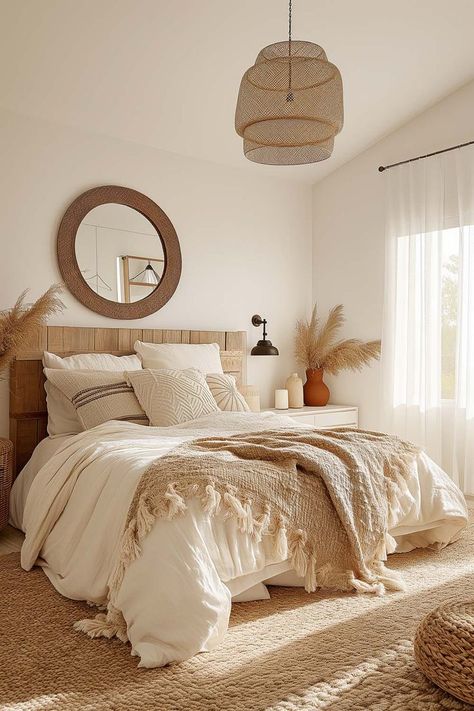 Modern boho bedroom decor ideas with earthy and neutral decor Bedroom Ideas Bohemian, Modern Boho Bedroom, Style College, Earthy Bedroom, Neutral Bedroom Decor, Bedroom Decor Cozy, Relaxing Bedroom, Bedroom Decor Inspiration, Boho Chic Bedroom