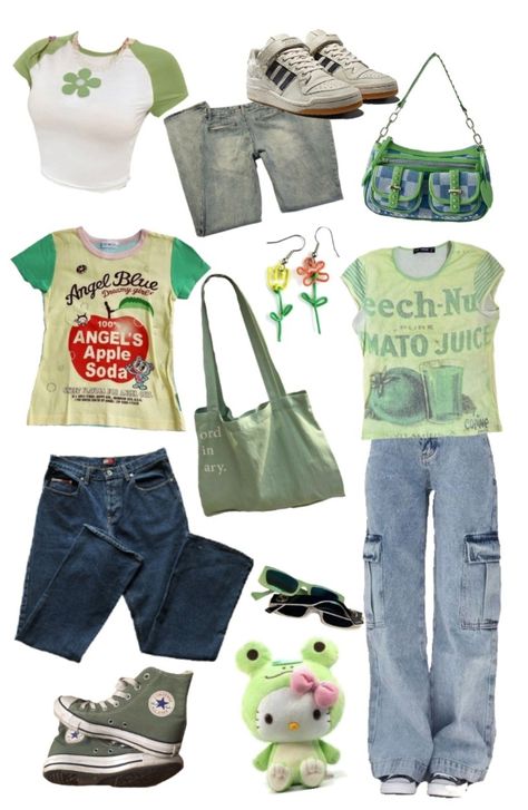 Green Kawaii Outfit, Cute Green Outfits, Weirdcore Outfits, Outfits 2000s Style, Y2k Green, Creepy Cute Fashion, Outfits 2000s, Green Fits, Green Style