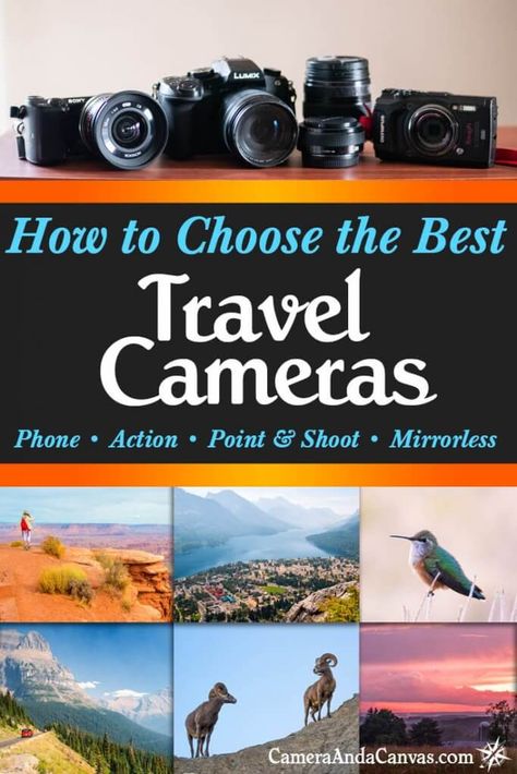 How to choose the best travel camera for you! There are so many: Phone cameras, action cameras, point and shoot cameras, superzoom cameras, mirrlorless cameras and lenses. What's the best lens for travel? This article gives you guidance on picking out the best digital cameras for traveling! Landscape Photography Tips, Best Point And Shoot Camera, Best Travel Camera, Best Cameras For Travel, Digital Camera Tips, Scenic Photography Landscape, Best Digital Camera, Travel Camera, Vlogging Camera