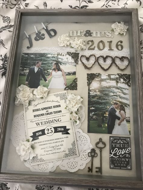 Wedding Shadow Box Display, Bride Shadow Box Ideas, Shadow Box Ideas For Wedding Memories, Wedding Box Frame Ideas, Shadow Box For Anniversary, Marriage Craft Ideas, Wedding Shadow Boxes Ideas, Shadow Box Scrapbooking, Wedding Keepsake Shadow Boxes