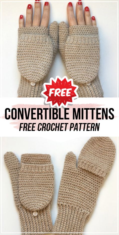 crochet Convertible Crochet Mittens free pattern     #Mittens  #crorchet #freecrocehtpattern via @shareapattern.com Crochet Boucle Yarn Patterns, Free Crochet Gloves Pattern Fingerless Mittens, Crochet Glittens Pattern, Mittens With Flip Top, Size 2 Yarn Crochet Patterns, Crochet For Winter, Mittens Free Pattern, Crocheted Mittens, Crocheted Gloves