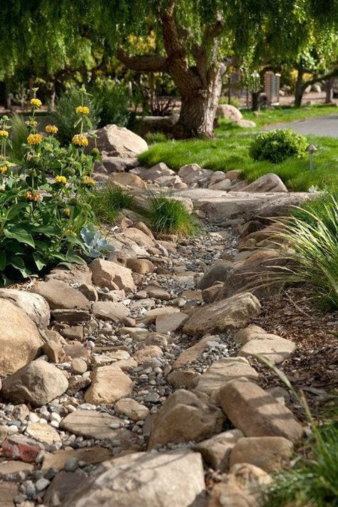 Dry Riverbed Landscaping, Low Water Landscaping, Landscape Drainage, Dry Creek Bed, Dry River, River Rock Landscaping, Small Front Yard Landscaping, Creek Bed, Farm Food