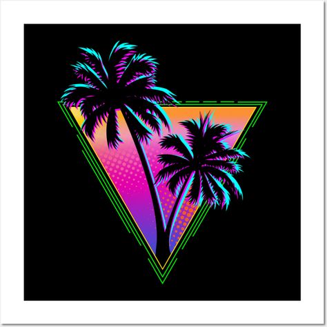 Retro old school 80s style sunset graphic. Features brilliant neon accents and vintage style sun and palm trees silhouette reminiscent of 80s colors, styles, and graphics. Perfect for anyone nostalgic of the 80 and yearns for the past. -- Choose from our vast selection of art prints and posters to match with your desired size to make the perfect print or poster. Pick your favorite: Movies, TV Shows, Art, and so much more! Available in mini, small, medium, large, and extra-large depending on the Palm Trees Silhouette, 80s Colors, 1980s Posters, Neon Palm Tree, Art Deco Tattoo, Trees Silhouette, 80s Pop Culture, 80s Art, Sunset Graphic