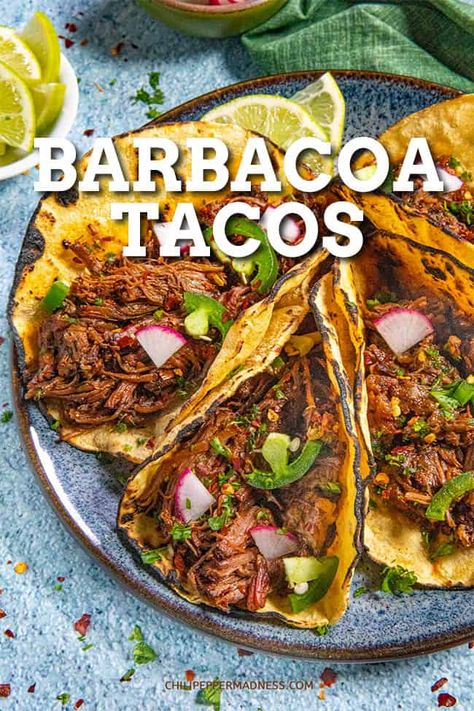 These barbacoa tacos are loaded with tender shredded beef that's been seasoned with chilies and spices, then cooked low and slow until the meat falls apart. Spicy Shredded Beef Tacos, Sides For Barbacoa Tacos, Barbados Beef Tacos, Spicy Beef Tacos, Barbacoa Marinade Recipe, Brisket Meat Recipes, Barbacoa Beef Recipe, Adobo Beef Tacos, Authentic Shredded Beef Tacos