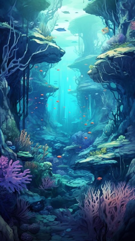 Illustrated Underwater World. #Aigenerated #wallpaper for your mobile devices! #Download it for #Free right here in good quality. Fantasy World Underwater, Under Water Art Illustration, Sea World Wallpaper, Underwater World Fantasy Mermaids, Underwater Rocks Drawing, How To Draw Underwater Scene, Underwater Scenery Drawing, Sea World Drawing, Under Sea Drawing