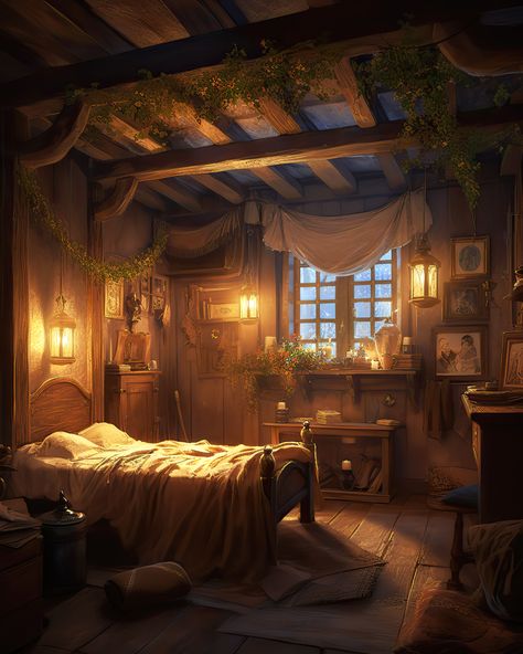 Inn Bedroom Fantasy Art, Tavern Bedroom Fantasy Art, Viking House Interior Concept Art, Medieval Cabin Interior, Medieval Bedroom Art, Dnd Interior Art, Medieval Inn Bedroom, Fantasy Cabin Interior, Medieval Inn Aesthetic