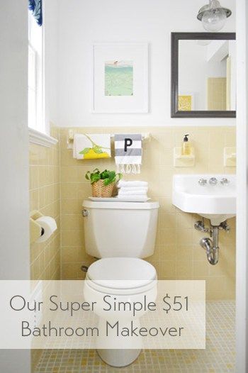 our-super-simple-cheap-bathroom-makeover Yellow Tile Bathroom Ideas, Yellow Tile Bathroom, Vintage Yellow Bathroom, Yellow Bathroom Tiles, Yellow Bathroom Walls, Cheap Bathroom Makeover, Yellow Bathroom Decor, Casa Retro, Yellow Tile