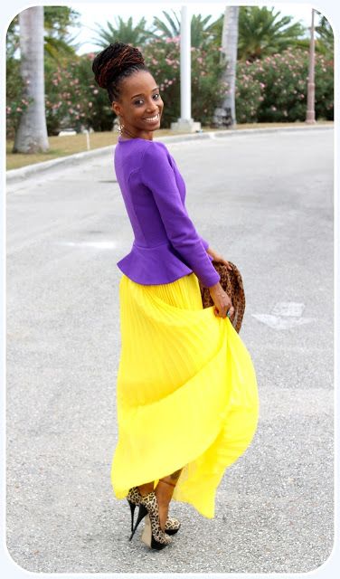 Bold Colors Outfits, Going To Church, Color Blocking Outfits, Yellow Maxi, Color Trends Fashion, Yellow Skirt, Purple Outfits, Purple Skirt, Yellow Outfit