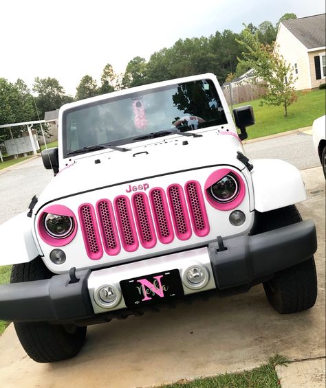 Pink Jeep Wrangler Unlimited Sahara White Jeep Pink Accents White Jeep Wrangler Pink Accessories, White Jeeps With Pink Accents, Pink Rubicon Jeep, White Jeep Pink Interior, Pink And White Jeep Wrangler, Black Jeep Pink Accents, Pink Jeep Accessories Wrangler, White Car With Pink Accents, Pink Jeep Wrangler Aesthetic