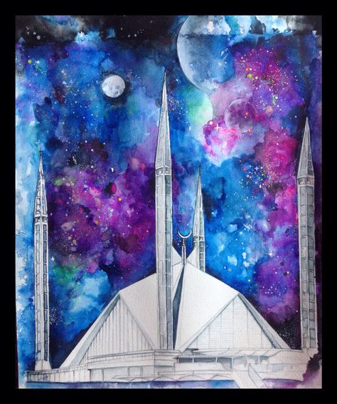 Experimented something new. galaxy art, watercolors, faisal mosque, Pakistan. Faisal Mosque Painting, Faisal Mosque Drawing, Faisal Masjid, Mosque Drawing, Faisal Mosque, Colour Splash, Earth Day Activities, Science Notes, Year 11