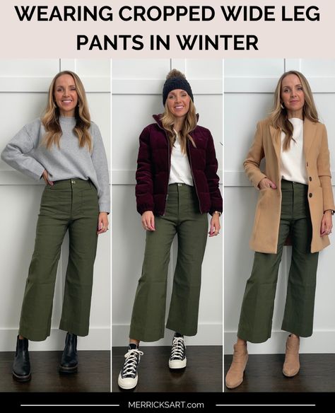 Green Cord Trousers Outfit, Lulu Lemon Wide Leg Pants Outfit, Wide Legged Pants Outfit Winter, Wide Leg Crop Pants With Ankle Boots, Green Barrel Pants Outfit, Cream Corduroy Pants Outfits Winter, Green Cords Outfit, Wide Leg Cropped Leather Pants Outfit, Green Jeans Outfit Winter