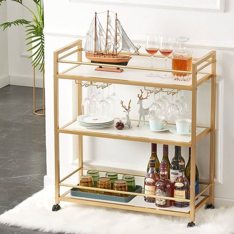 Amazon.com - GOLASON Gold Bar Cart with 3 Shelves, Wine Glass Bottle Storage Bar Serving Cart with Wheels for Kitchen Living Room (31.5”W, White) - Bar & Serving Carts Wine Cart, Bar Serving Cart, Cart With Wheels, Gold Bar Cart, Wine Table, Serving Cart, Home Bar Furniture, Wine Glass Rack, White Office