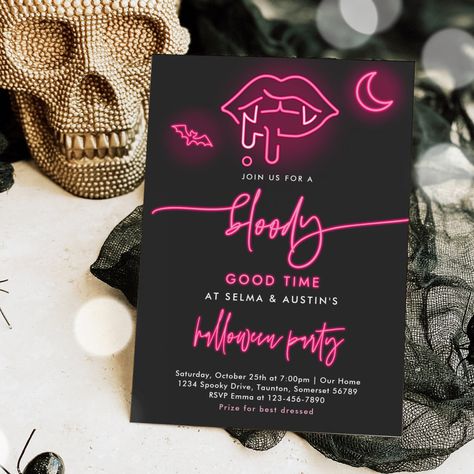 Bloody Good Time Neon Halloween Vampire Party Invitation All designs are © PIXEL PERFECTION PARTY LTD Vampire Party Invitations, Halloween Party 21+, Vampire Halloween Party Decorations, Vampire Decorations Party Ideas, Vampire Themed Party, Vampire Party Ideas, Halloween Birthday Party For Adults, Vampire Birthday Party, Dracula Party