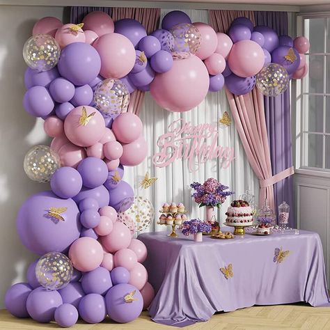 Butterfly Balloon Arch, Pink Butterfly Party, Purple And Pink Butterfly, Fruit Party Decorations, Butterfly Confetti, Pink Baby Shower Decorations, Fiesta Shower, Butterfly Party Decorations, Fruit Birthday Party