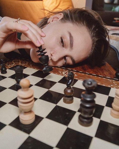 Chess Photography Portraits, Chess Portrait Photography, Chess Board Photoshoot, Chess Editorial, Board Game Photoshoot, Queen Portrait Photography, Chess Photography Inspiration, Playing Chess Photography, Chess Board Photography