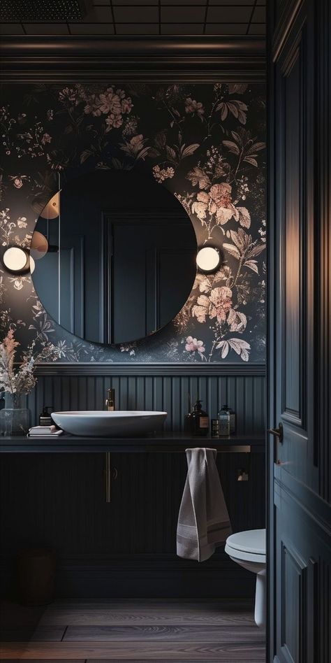 Ideas for Creating Dark and Moody Interior Spaces Small Dark Bathroom, Moody Interior Design, Dark And Moody Interiors, Wallpaper Powder Room, Small Bathroom Wallpaper, Dark Bathroom Ideas, Moody Decor, Powder Room Wallpaper, Small Toilet Room