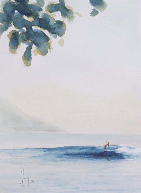 Beach Drawing Watercolor, Easy Surf Paintings, Surfing Watercolor Paintings, Watercolor Surf Art, Ocean Art Watercolor, Surfing Painting Easy, Surf Watercolor Paintings, Easy Ocean Watercolor, Ocean Watercolor Art