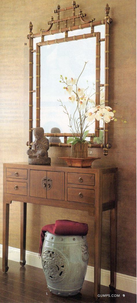 love the whole thing - Asian inspired look - console, and mirror and the colors, and decor Asian Interior, Asian Inspired Decor, Indian Interior Design, Asian Interior Design, Deco Zen, Chinese Interior, Asian Furniture, Decorating Bookshelves, Indian Interiors