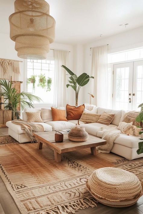 Cozy Boho Living Room with earthy color scheme, vintage rug, hanging plants, and wood coffee table. Boho Foyer, Ruang Tamu Outdoor, Boho Living Room Inspiration, Modern Boho Living Room, Modernist Architecture, Interior Design Per La Casa, Boho Living Room Decor, Design Philosophy, Bohemian Living Room