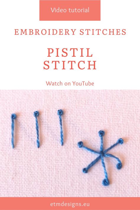 In this video tutorial, I show you how to embroider a pistil stitch. Pistil stitch also called prolonged french knot or a french knot with a tail is very useful to add some pistils to your embroidered flowers. It can also be used on its own to decorate the borders of the embroidery. Head to the Easy To Make designs YouTube channel and learn to embroider the pistil stitch! Pin to save for later of click to watch! Pistil Stitch, Learn To Embroider, Embroidery Video, Learning To Embroider, Hand Embroidery Videos, Hand Embroidery Tutorial, Hand Embroidery Projects, Embroidery Videos, French Knot