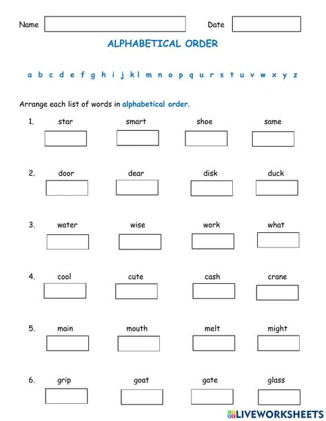 Alphabetical order interactive worksheet for Grade 2. You can do the exercises online or download the worksheet as pdf. Abc Order Worksheet 2nd Grade, Alphabetical Order Worksheets 3rd Grade, Alphabetical Order Activities 1st Grade, Alphabetical Order Worksheets Grade 2, English 3rd Grade, English Worksheet Grade 3, Alphabetical Order Activities, Alphabetical Order Worksheets, Punctuation Activities