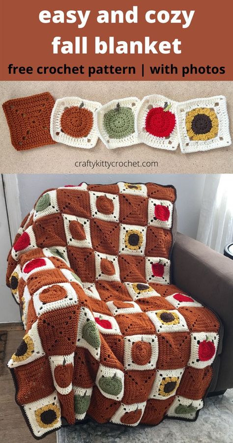 It’s time to celebrate some of the best things about fall – apples, pumpkins, and sunflowers! What better way to do that than by cozying up with this fall afghan, which features all of the above fall staples? You can customize your blanket to have as many red and green apples, pumpkins, sunflowers, and rust-colored accent squares as you like! The pattern walks you through each granny square with photos. Nothing says farmhouse chic like this farm fresh throw blanket - and the pattern is FREE! Fall Afghan, Crochet Borders And Edges, Crochet Blanket Borders, Crochet Borders For Blankets, Blanket Borders, Chunky Crochet Blanket Pattern, Crochet Apple, Fall Blanket, Fall Crochet Patterns