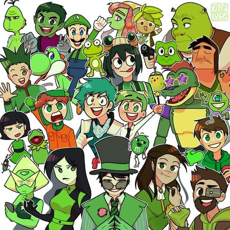 Croquis, Characters By Colors, Give Me Six Characters To Draw, Green Cartoon Characters, The Green Character, Color Characters, Castlevania Wallpaper, Colored Characters, Colorful Characters