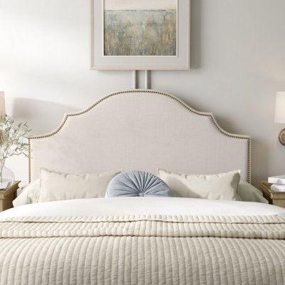 Make your bed the centerpiece to your bedroom with this panel headboard. Handmade in the USA with a solid and engineered wood frame, this headboard is fully upholstered with a linen blend and filled with foam for a plush, inviting look. Its gently arched silhouette also features angled cutouts and is dotted by nailhead trim. When it arrives, you can attach this headboard to the bed frame of your choice, mounting hardware included. Hand-curated by Kelly Clarkson. Upholstery: Talc, Size: Queen | K Cama Queen Size, Upholstered Panel Headboard, Linen Headboard, Kelly Clarkson Home, Fabric Headboard, Cama Queen, Queen Headboard, Wayfair Furniture, King Headboard