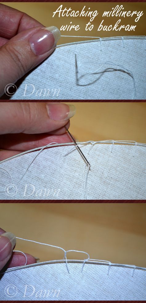 How to attach wire to buckram if you're making your own hat #millinery Blog has step-by-step photos with technique. Make Your Own Hat, Sewing Hats, Mad Hatter Hat, Hat Tutorial, Millinery Hats, Diy Hat, Hat Ideas, Doll Hat, Fascinator Hats