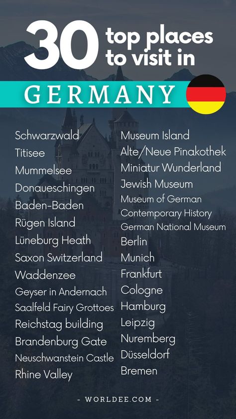 This Germany travel guide contains the 30 best places to visit in Germany. Learn about the best things to do in Germany. Some of the best places to visit in Germany are Schwarzwald, Saxon Switzerland, Neuschwanstein Castle or Berlin. Check out Worldee - a digital travel diary and trip planner for your next adventure. → Worldee is the best travel app for Android and iOS. Germany Best Places To Visit, Places To See In Germany, Things To Do In Germany Bucket Lists, Places To Travel In Germany, Germany Places To Visit, Best Things To Do In Germany, Germany In The Summer, Places To Go In Germany, Germany Places