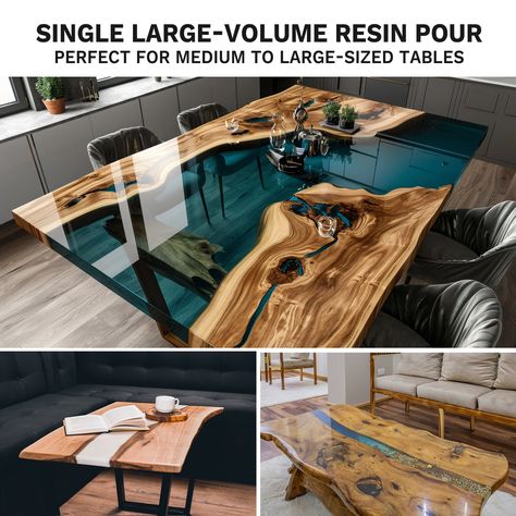 Large Pour Capacity & No Overheating: This upgraded version of deep pour epoxy resin features a single pour capacity of up to 20kg(44 lbs) and a depth of 2-4 inches. It is particularly suitable for creating large river tables and wood projects. During the first 24 hours, it cures slowly, with a gradual heat release and minimal temperature rise, significantly reducing the risk of exothermic reactions. The full cure time is between 3 to 7 days. Crystal Clear & Bubble Free: The finished product boasts high transparency, low viscosity for fewer bubbles, and an excellent glossy finish. Yellowing-Resistant: We have added advanced Hindered Amine Light Stabilizers (HALS) and UV stabilizers to resist yellowing, ensuring that your river table, built to last, stays shiny forever. Sturdy: This deep-po Wood Projects, Wood, Deep Pour Resin, Exothermic Reaction, River Tables, River Table, Black Series, Crystal Clear, Epoxy Resin