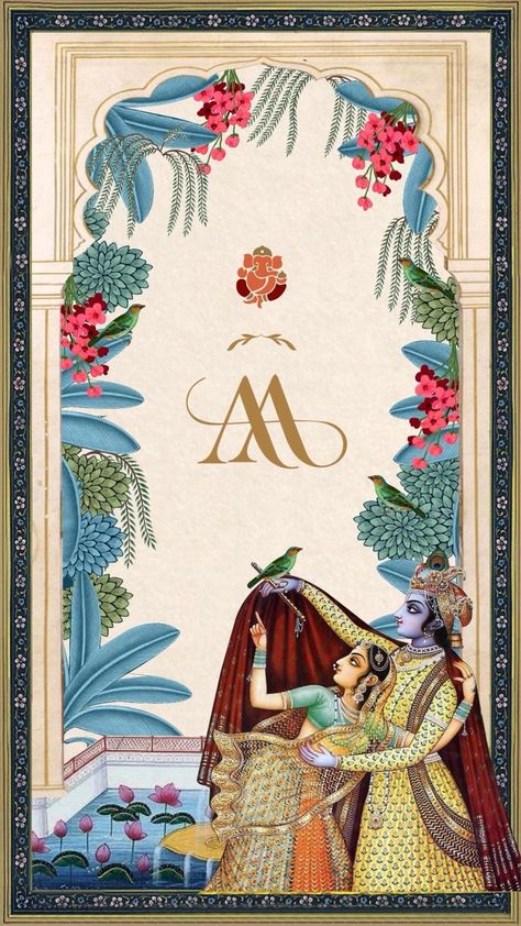 India Wedding Invitations, Indian Digital Invitation, Radha Krishna Wedding Cards Invitations, Hindu Save The Date Wedding Cards, Traditional Card Design, Krishna Wedding Cards, Wedding Card Traditional, Pichwai Wedding Card, India Wedding Invitation Cards