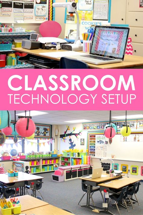 Classroom technology doesn't have to be ugly! Check out this kindergarten Teacher's Technology Station in her classroom. Technology In Classroom Elementary, Technology Center Classroom, Technology In Kindergarten Classroom, Classroom Smartboard Setup, Technology In The Classroom Elementary, Technology Classroom Design, Smart Board Classroom Set Up, Technology Classroom Ideas, Classroom Technology Ideas