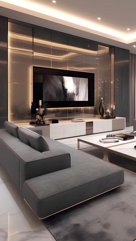 Modern Interior Design Tv Wand Modern, Luxury Tv Wall, Luxury Modern Living Room, Sitting Room Design, Modern Living Room Interior, Big Living Rooms, Tv Room Design, Regal Design, Living Room Sofa Design