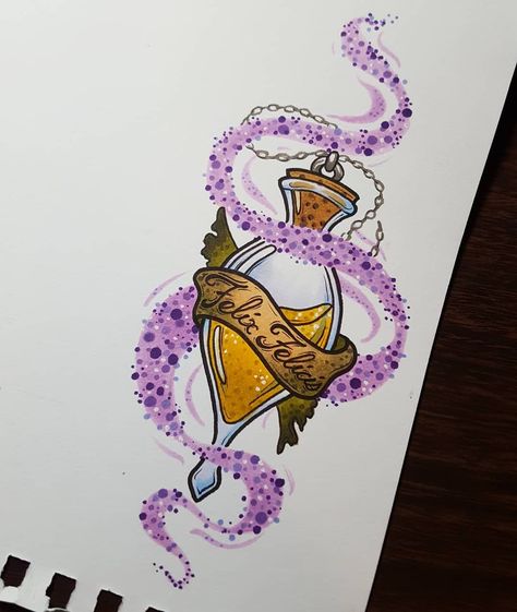 Harry Potter Tattoos, Land Tattoos, Harry Potter Potion Bottles, Hp Tattoo, Harry Potter Potions, Bottle Drawing, Daughter's Birthday, Theme Harry Potter, Harry Potter Tattoo