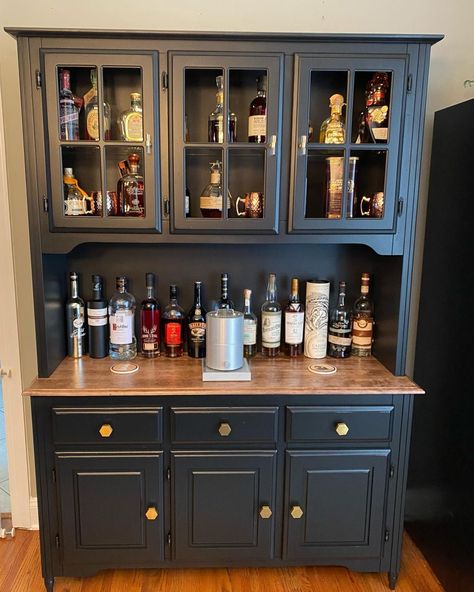 Hutch Bar Cabinet, Liquor Cabinet From Old Hutch, Dining Room Liquor Cabinet, China Cabinet Liquor Cabinet, Liquor Cabinet Hutch, Welsh Dresser Bar Ideas, Welsh Dresser Bar, Dining Room Hutch Bar, Bar Dresser Ideas