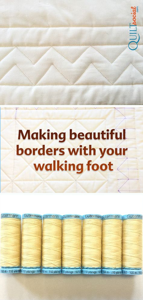 Join Julie Plotniko for step 4 of a wholecloth walking foot quilt as she uses SCHMETZ needles and Gütermann thread and a UNIQUE marker to create complex looking border designs that can be stitched with ease. Free pattern and tutorial. Patchwork, Machine Quilting Ideas For Squares, How To Sew Borders On A Quilt, Machine Quilting Borders Ideas Easy, Free Motion Quilting Borders, Machine Quilting Designs For Beginners, Quilting Designs For Borders, Straight Line Quilting Designs, Freemotion Quilting Designs