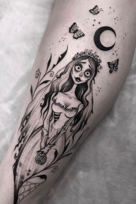 Dark Disney Tattoo, Corpse Bride Tattoo, Tattoo Nightmares, Family Tattoos For Men, Tim Burton Tattoo, Jack Tattoo, Chest Tattoo Ideas, Hippie Tattoo, Nightmare Before Christmas Tattoo