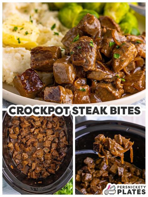 Bowl Me Over - Recipe -->... | Facebook Slow Cooker Steak Bites, Beef Bites, Persnickety Plates, Crockpot Steak, Slow Cooker Steak, Steak Cuts, Steak Bites, Crockpot Beef, Easy Slow Cooker Recipes