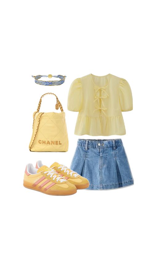 Yellow summer style, trendy summer outfit ideas 2024, yellow summer blouse, trendy blouse, denim skirt 2024, yellow Chanel bag , yellow adidas samba, samba 2024, summer shoes, summer trendy sneakers Chanel Yellow Bag, Yellow Chanel Bag, Yellow Bag Outfit, Outfit Ideas 2024, Trainers Outfit, Outfits Sommer, Yellow Adidas, Samba Outfit, Trendy Blouse