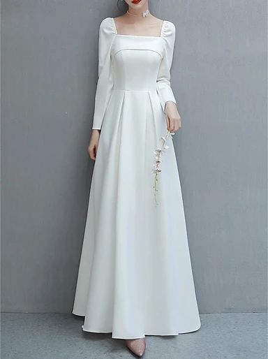 Simple Long White Dress, Wedding Dresses Square Neck, Wedding Dress For Short Women, Long Sleeve Satin Wedding Dress, Simple White Wedding Dress, Simple Long Dress, White Long Gown, Plain Wedding Dress, Minimal Wedding Dress